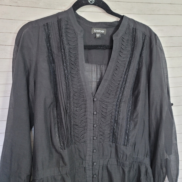 BEBE SHEER LONG SLEEVE BLACK SHIRT, SZ MEDIUM - Picture 4 of 10
